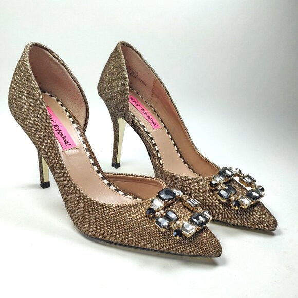 Festive Betsey Johnson Metallic Gold Glitter Jezzy D'orsay Heels Dress Pump - Picture 2 of 13